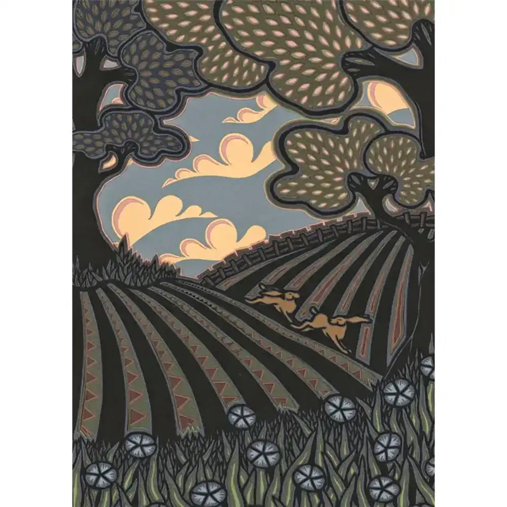 Papercut picture of 2 hares rnning across a ploughed field under trees.