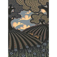 Papercut picture of 2 hares rnning across a ploughed field under trees.