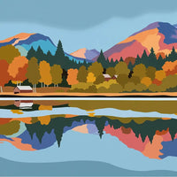 A stylized landscape illustration of mountains, autumn trees, a lake, and a small cabin, with the scene reflected in the water.