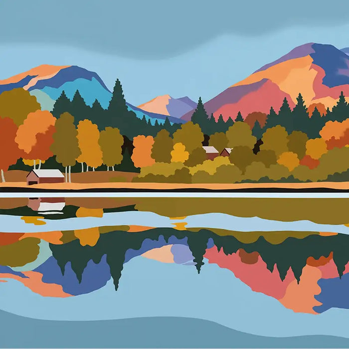 A stylized landscape illustration of mountains, autumn trees, a lake, and a small cabin, with the scene reflected in the water.