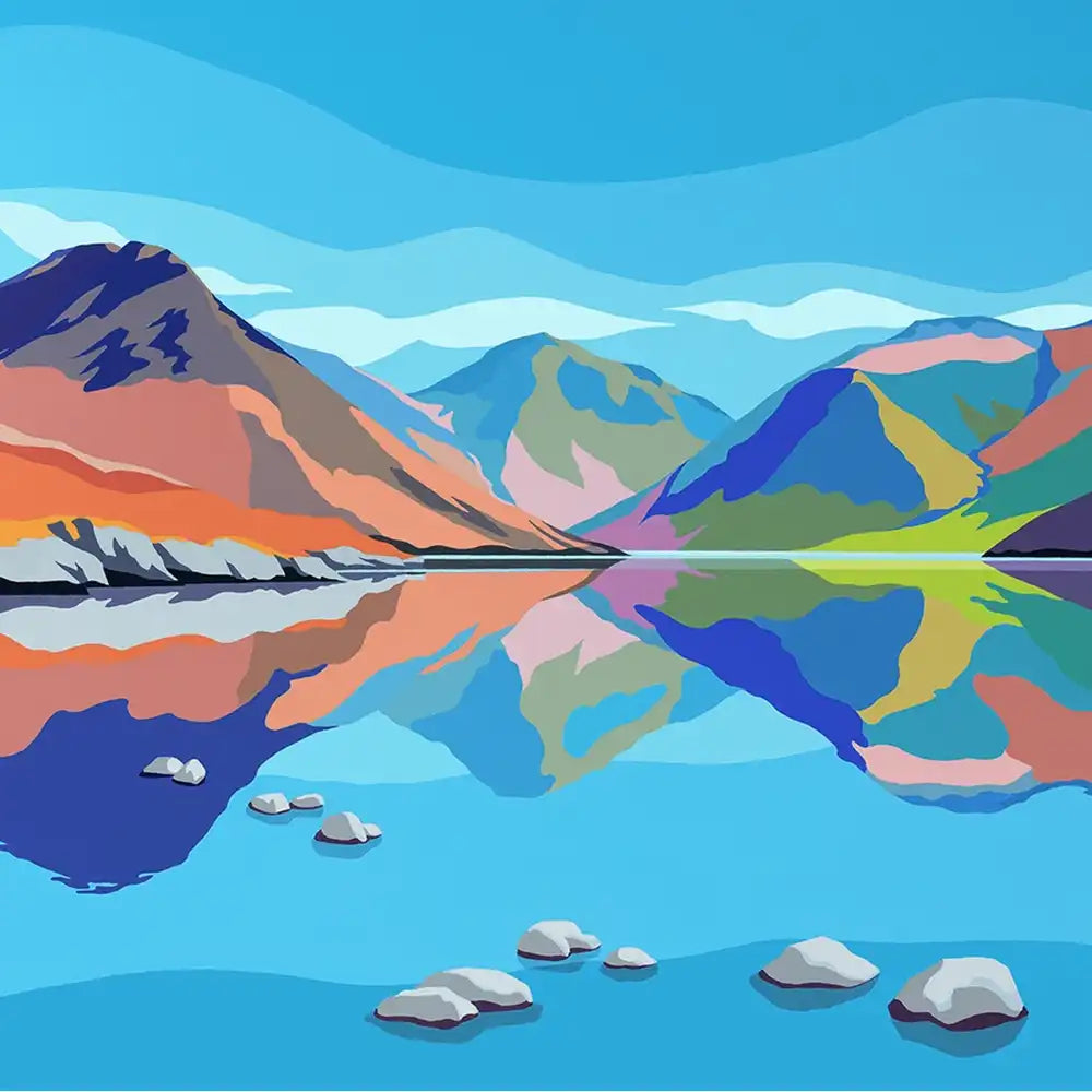 A stylized vector landscape illustration of a mountain valley reflected in a calm lake, with layered peaks in blue, purple, orange, pink, green, and yellow tones, plus white rocks in the foreground.