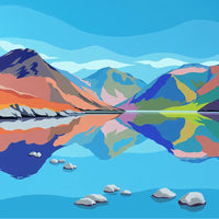 A stylized vector landscape illustration of a mountain valley reflected in a calm lake, with layered peaks in blue, purple, orange, pink, green, and yellow tones, plus white rocks in the foreground.
