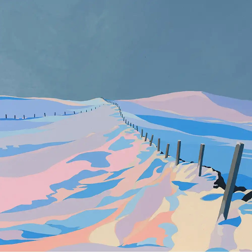 A stylized landscape artwork showing a snowy field with a fence line leading toward rolling hills under a blue sky. The scene uses broad blocks of pastel blue, pink, lavender, cream, and touches of dark gray.