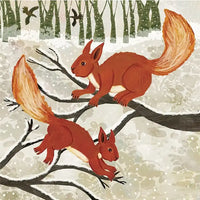 Illustrated winter scene with two red squirrels on snow-covered tree branches in a snowy forest. The artwork uses warm red-brown fur tones, white snow, dark branch lines, and muted green trees in the background.