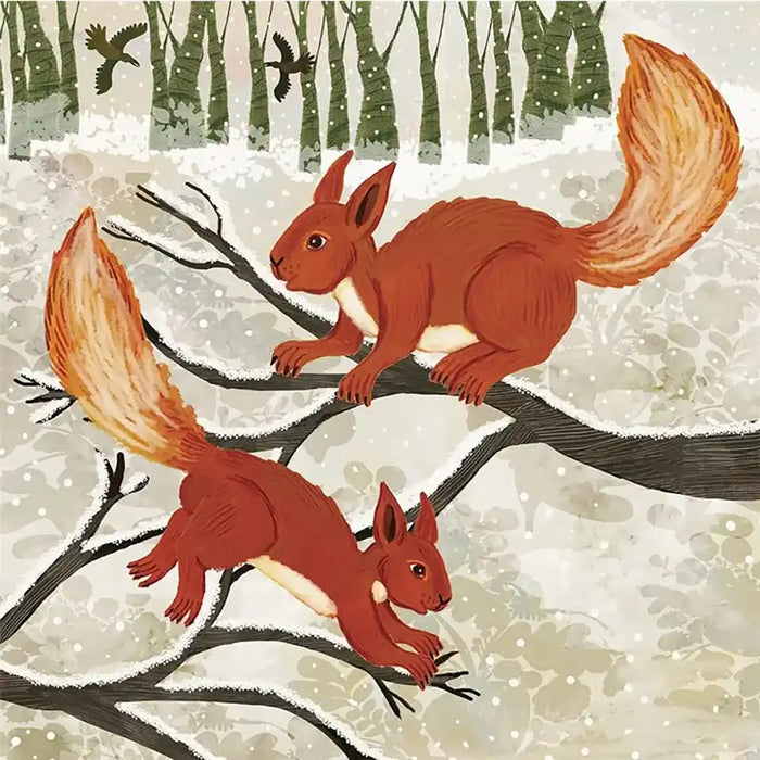 Illustrated winter scene with two red squirrels on snow-covered tree branches in a snowy forest. The artwork uses warm red-brown fur tones, white snow, dark branch lines, and muted green trees in the background.
