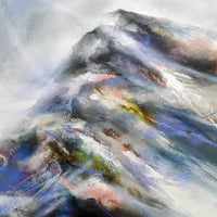 Abstract mountain landscape painting with layered brushstrokes in blue, grey, white, black, and touches of yellow, pink, and red.