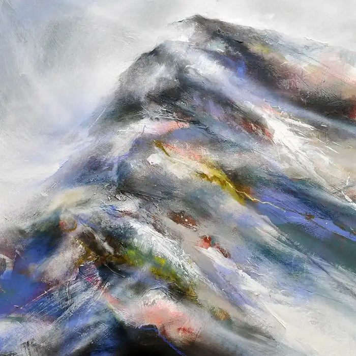 Abstract mountain landscape painting with layered brushstrokes in blue, grey, white, black, and touches of yellow, pink, and red.