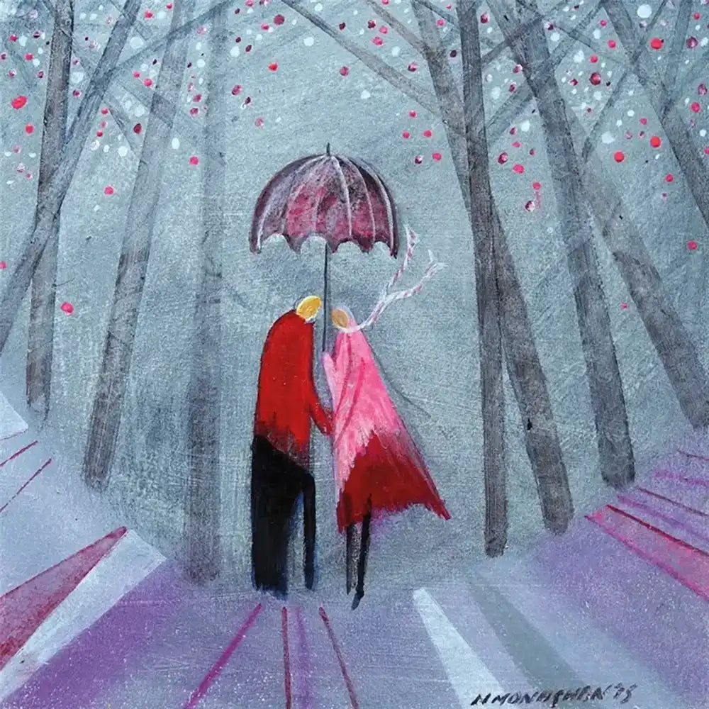 A stylized painting of a couple walking arm in arm under a pink umbrella in a snowy forest. The man wears a red coat and black pants, and the woman wears a pink coat.