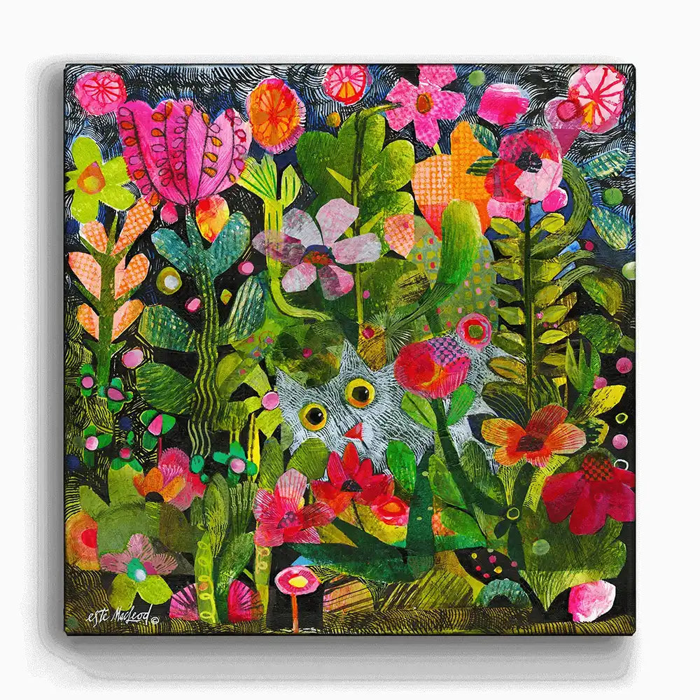 Greetings card with a colorful painting of a garden scene with flowers and a cat peeping through.