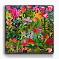 Greetings card with a colorful painting of a garden scene with flowers and a cat peeping through.