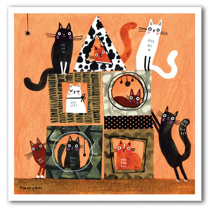 Peach coloured card with a cat tree and cats all over.