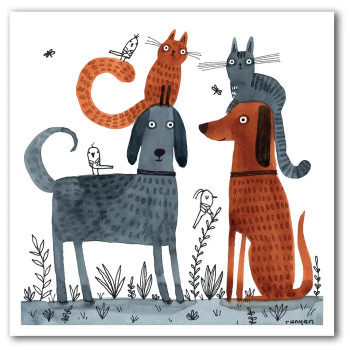 Dogs with Cats as hat greetings card.