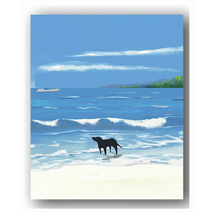 Art print of a black dog on a beach with a blue sky and ocean.