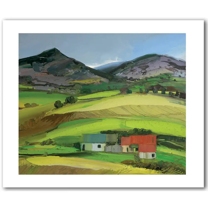 Painting of a rural landscape with green fields, hills, and colorful houses.