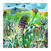 Greetings card with a colourful illustration of a natural landscape with plants, birds, and a blue sky.