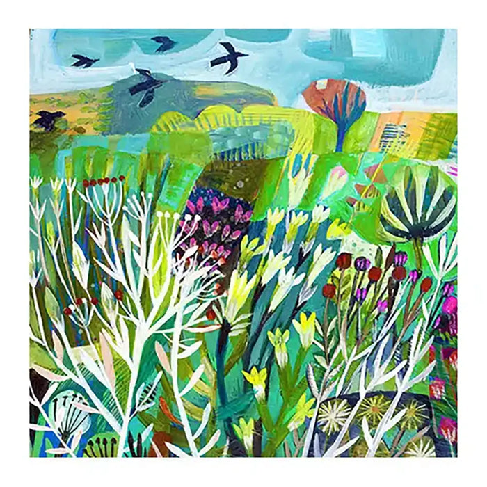 Greetings card with a colourful illustration of a natural landscape with plants, birds, and a blue sky.