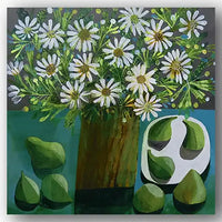 Greetings card with a painting of a vase with white flowers and green figs