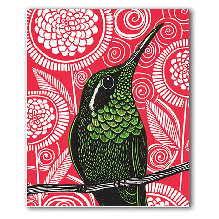 Red background card with mandala floral detail with a bright lime green hummingbird on the front. 