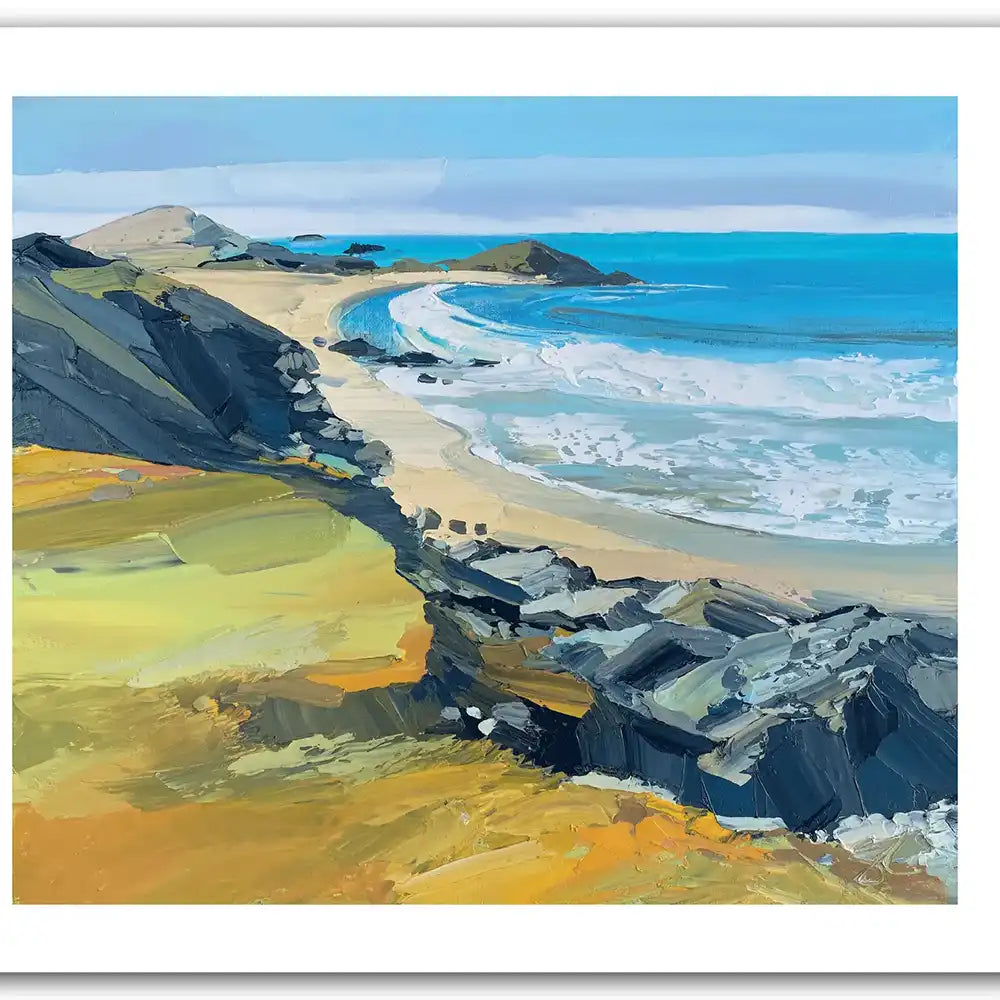 Painting of a sandy bay with foaming sea.