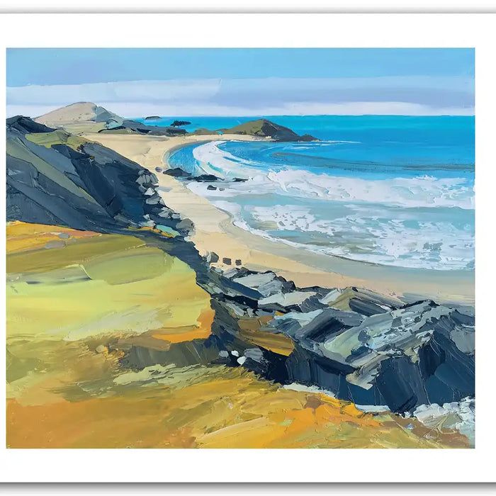 Painting of a sandy bay with foaming sea.