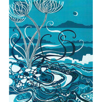 Blue abstract pattern of sea, rocks and plants.