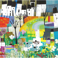 Colorful abstract artwork with houses, trees, and flowers