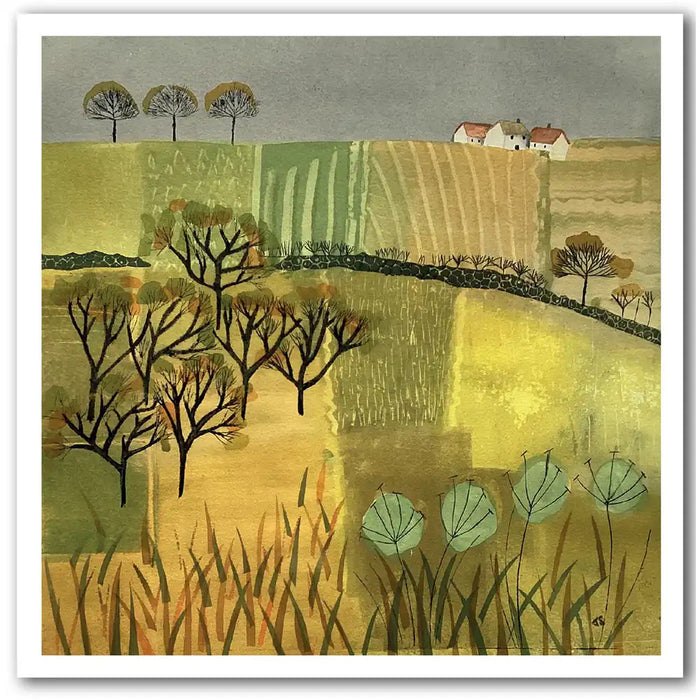 Pale green field landscape with three houses in the background.