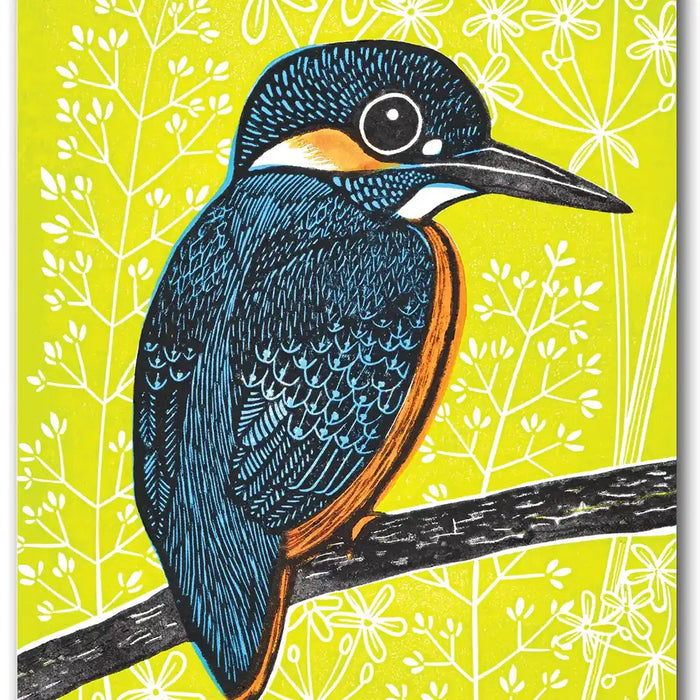 Illustration of a blue and orange bird on a branch with a yellow background