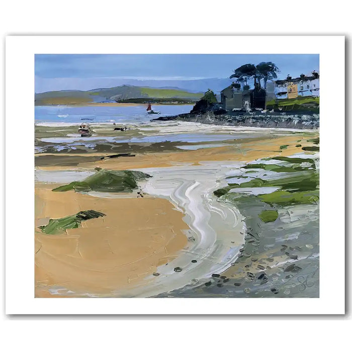 Painting of a coastal landscape with a beach, water, and buildings.