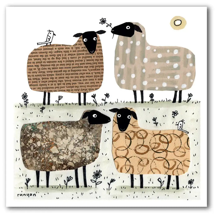 Four sheep, each with a different printed texture and in beiges.