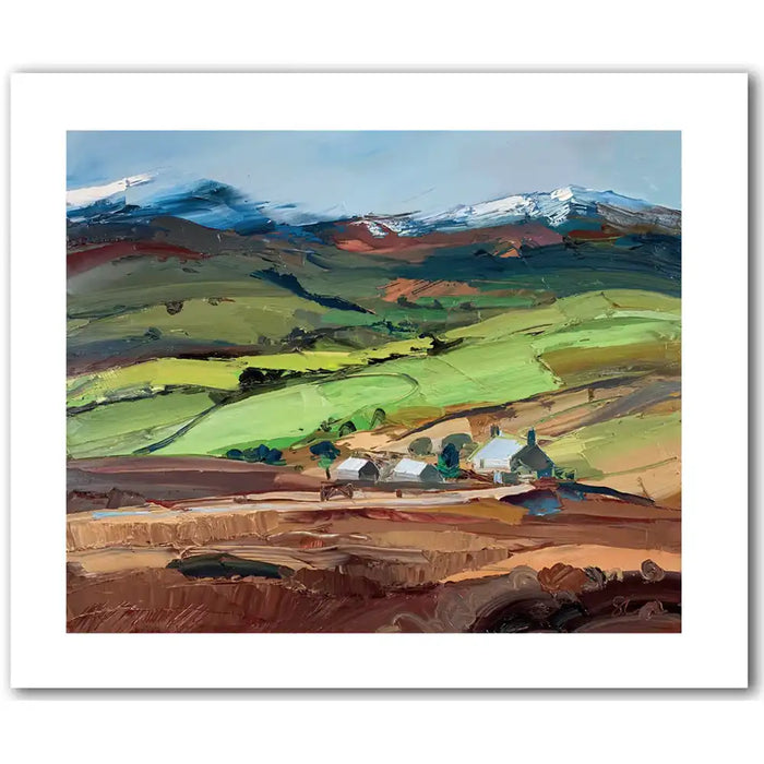 Painting of a landscape with green fields, a village, and mountains.