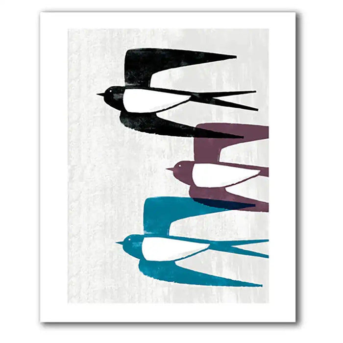 Art print with stylized birds in black, white, and teal on a light gray background
