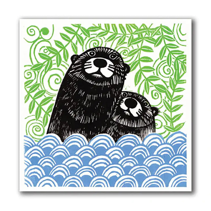 Illustration of two otters holding hands with a green leafy background and blue wave pattern at the bottom.