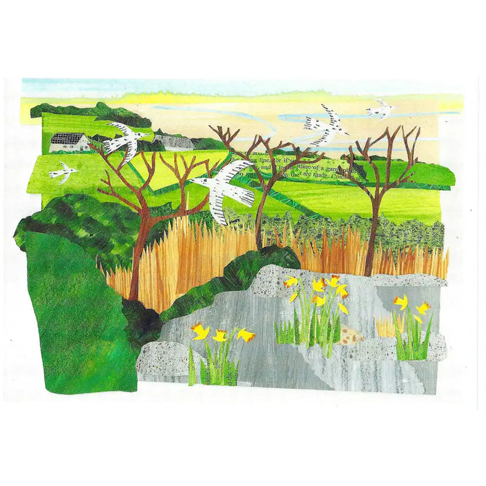 Artistic depiction of a landscape with trees, a waterfall, and animals.