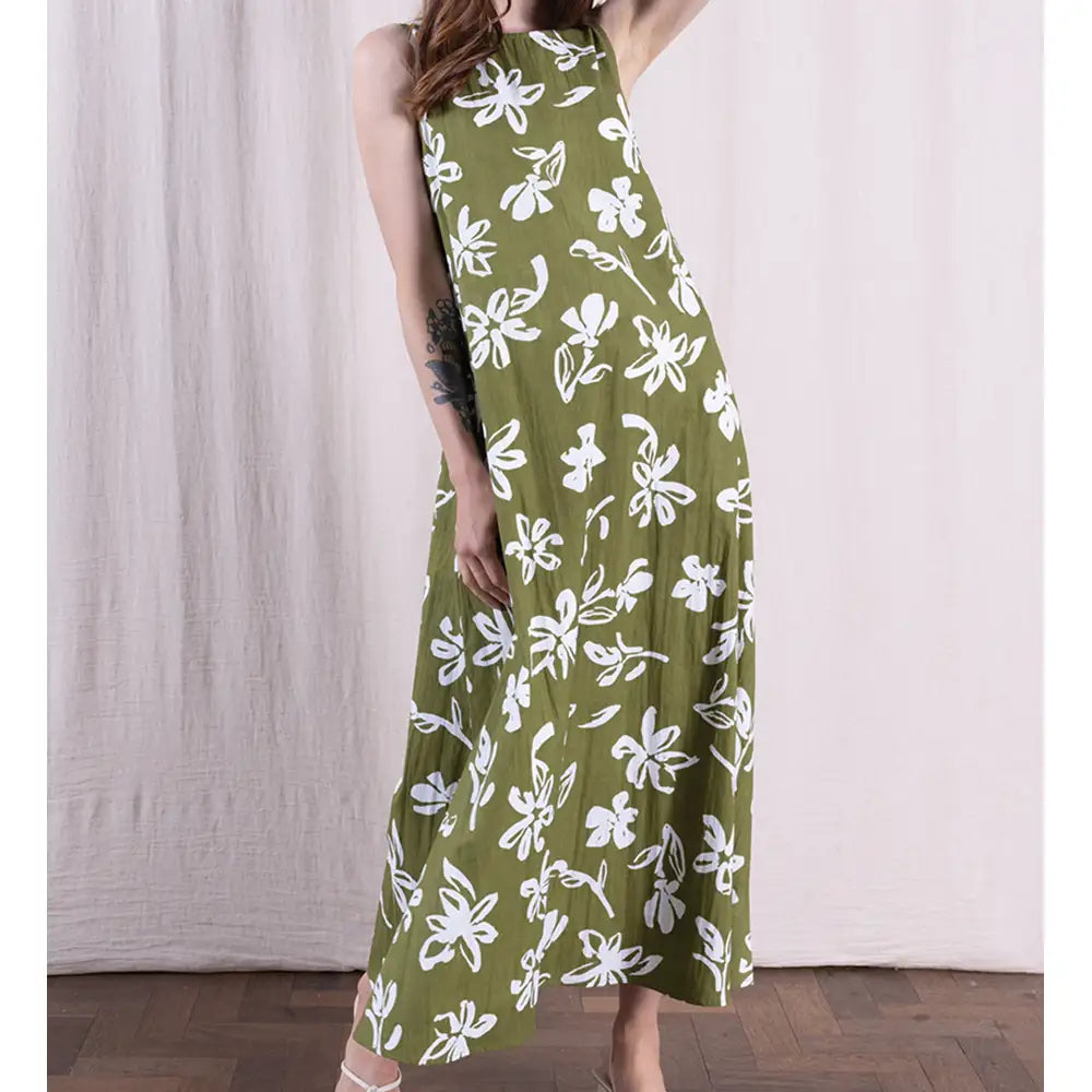 V-Line Cotton Poplin Dress - Floral Verdant