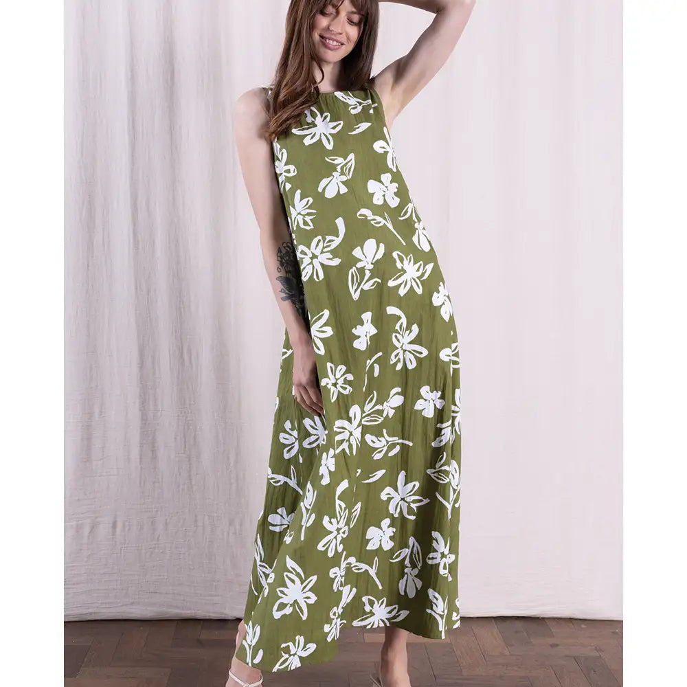 V-Line Cotton Poplin Dress - Floral Verdant