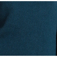 Close-up of a dark teal blue ribbed knit fabric texture.