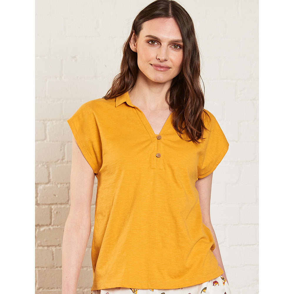 Nomads collared cap sleeves V neck top in mustard. Front view.AC