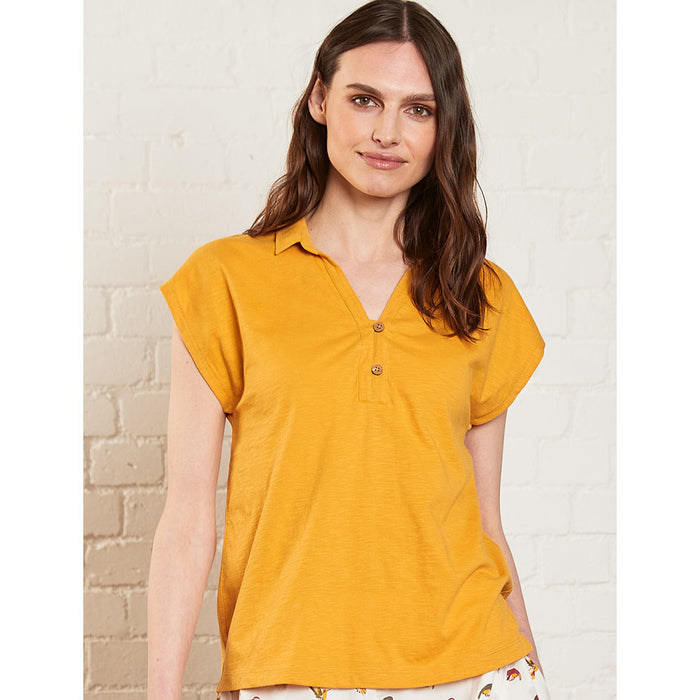 Nomads collared cap sleeves V neck top in mustard. Front view.AC