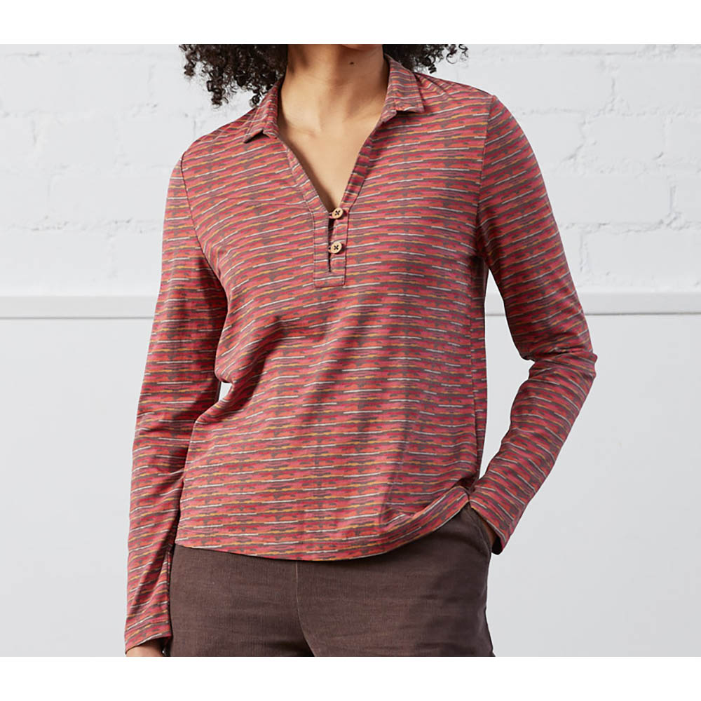 Nomads collared shirt with two button pullover fitting. Siltstone pattern. Front view.