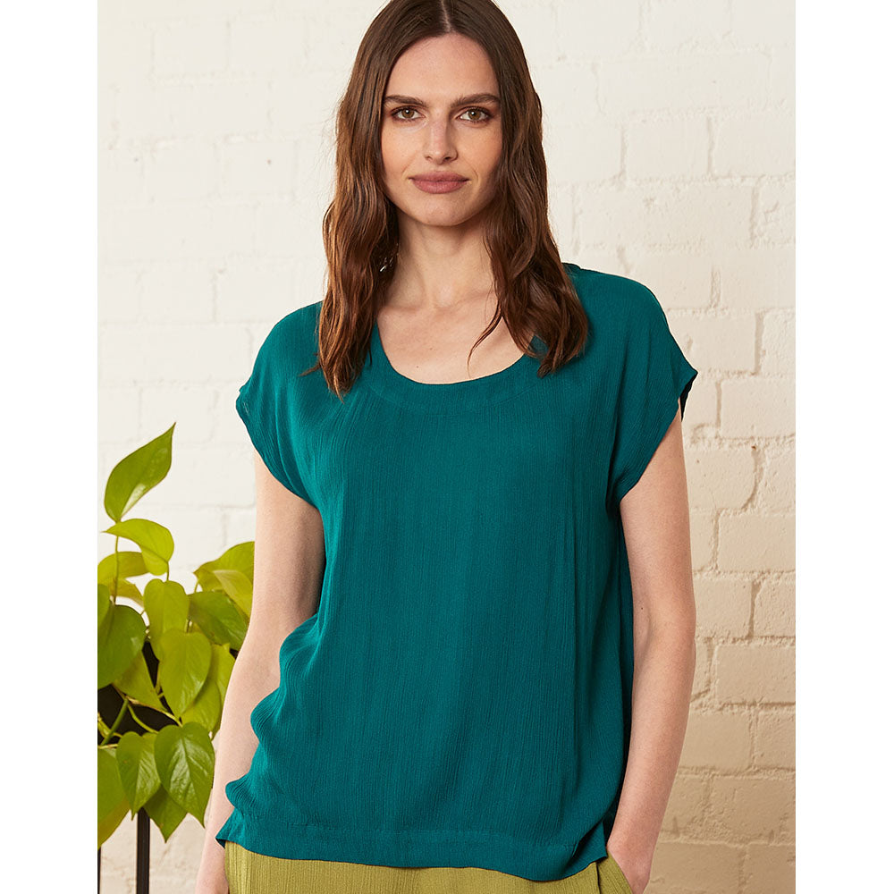 Nomads aqua colour Viscose top. Round neck and cap sleeves. Front view.