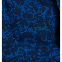 A close-up of a blue and navy floral jacquard fabric with an abstract, tonal pattern.