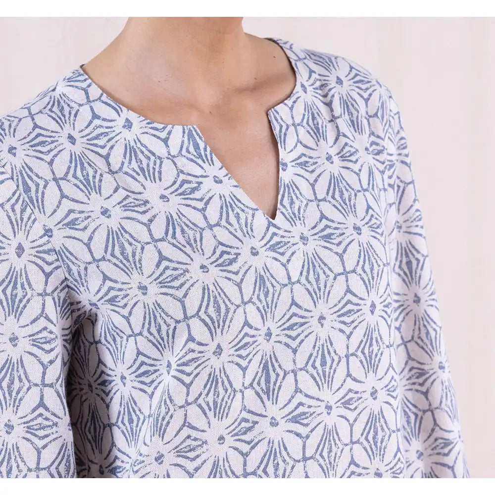 Blue and white patterned dress on a plain background