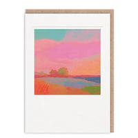 Colorful landscape painting on a white card with a brown envelope.