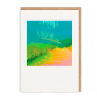 Framed abstract art print with colorful landscape design on a white background