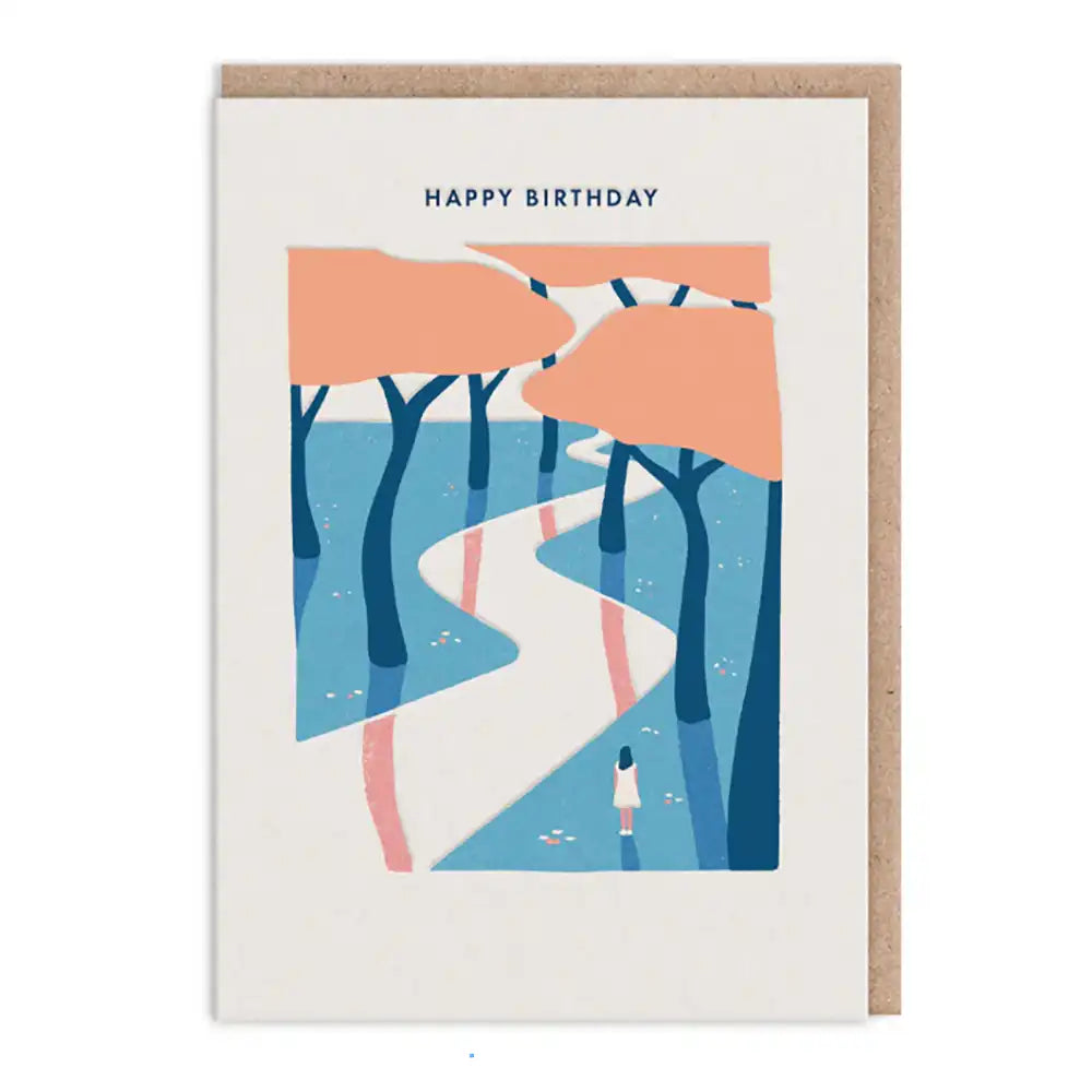 Birthday card with illustration of a person walking through trees and water, with 'Happy Birthday' text.