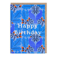 Blue birthday card with decorative elements and 'Happy Birthday' text