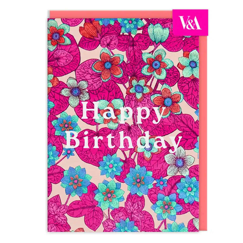 Colorful floral birthday card with 'Happy Birthday' text and V&A logo.