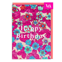 Colorful floral birthday card with 'Happy Birthday' text and V&A logo.