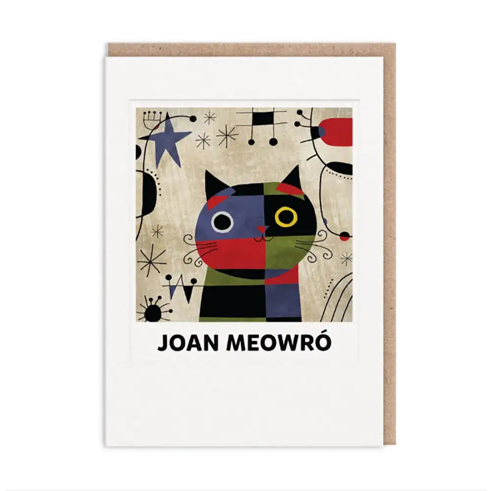 A greeting card featuring a colorful abstract cat illustration with the text 'JOAN MEOWRÓ' below, shown with a kraft paper envelope behind it on a white background.